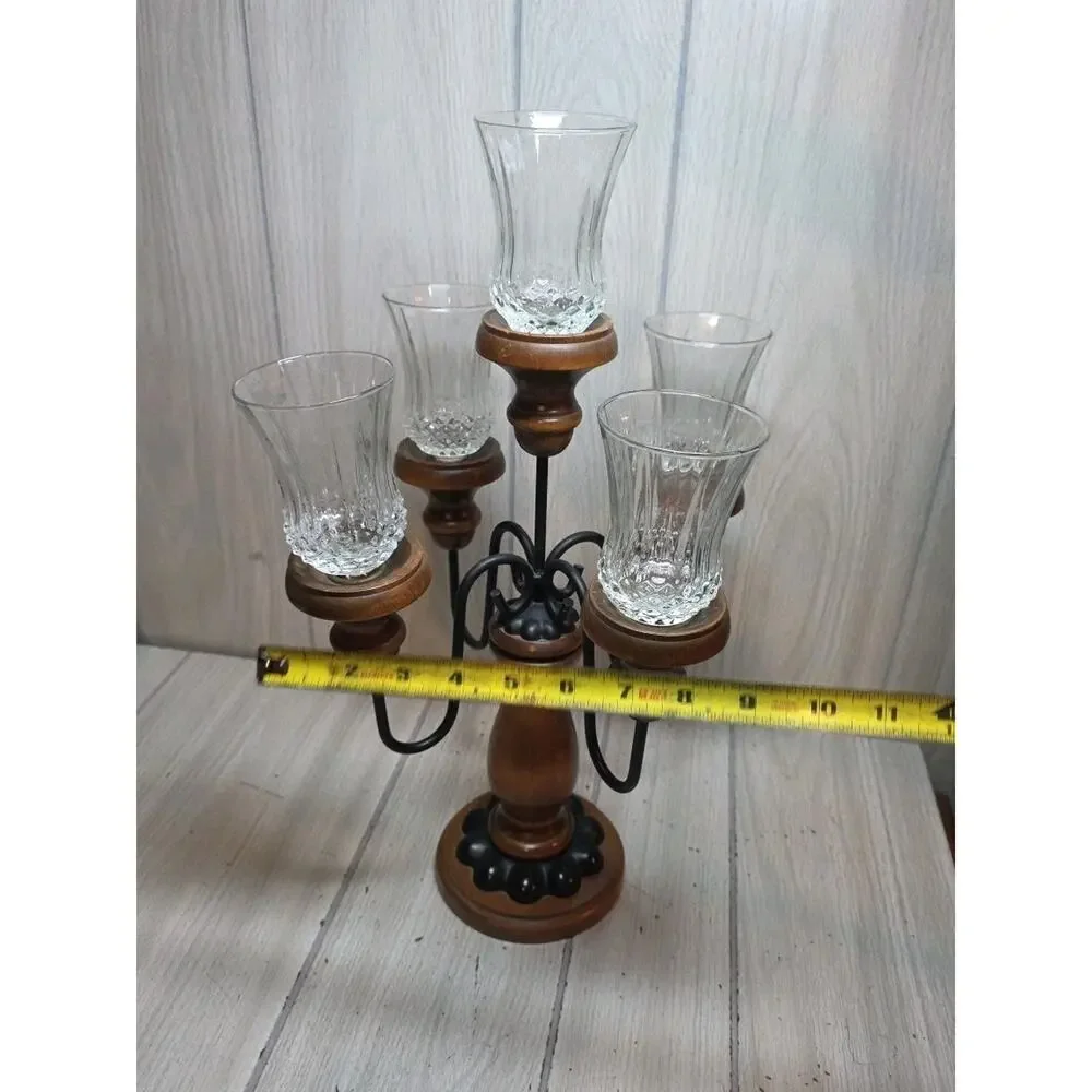 Vtg 60s/70s Wood And Wrought Iron Candelabra 5 Arm Gothic Candle Votives 19.5”